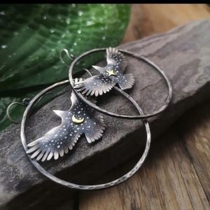 Bronze eagle flying moon star hoop boho goth earrings new